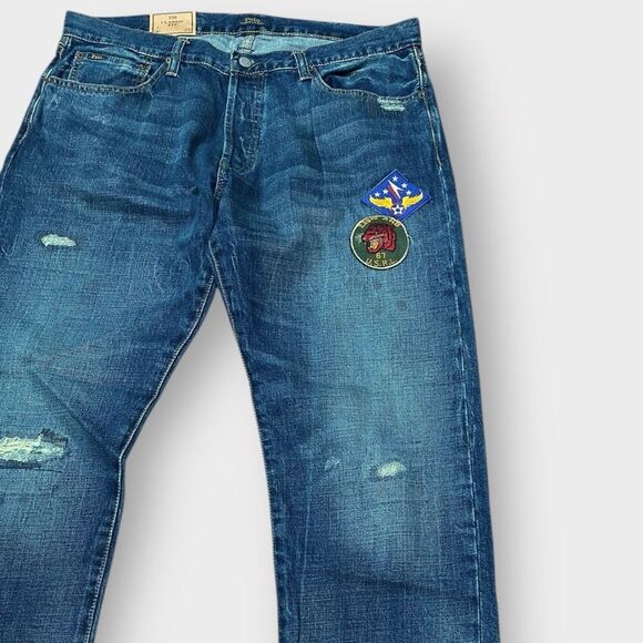 Polo Ralph Lauren Tiger Military Patch Patchwork Distressed Jeans size 36x34 New - Picture 3 of 14